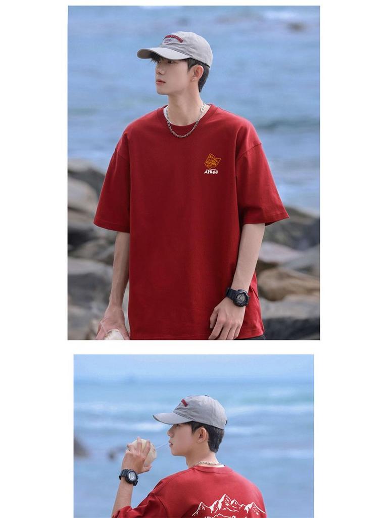 Męska luźna koszulka z krótkim rękawem, ciężka, wykonana z czystej bawełny