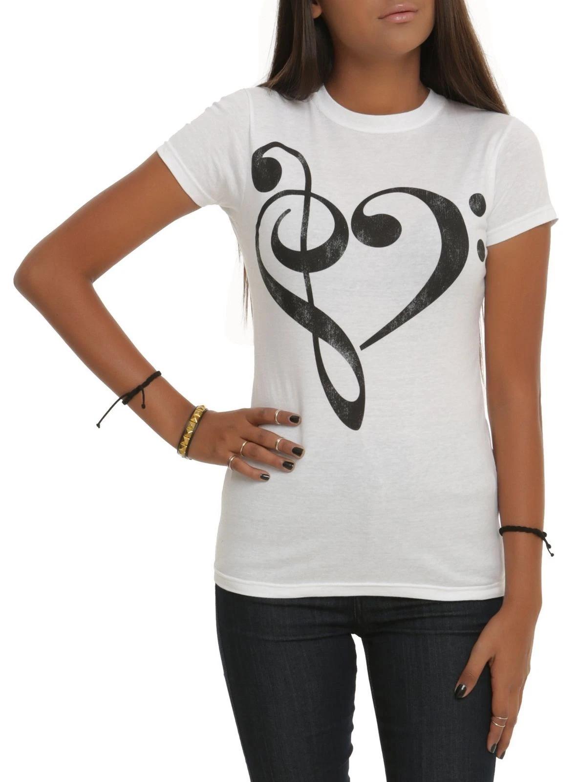 

Hot Topic Black Matter Juniors Music Clef Notes Heart White Tee Shirt New S-3XL S