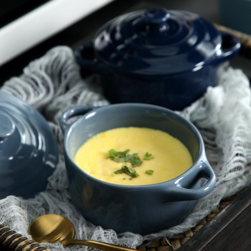 JUSTINLAU Kuchyňská miska s dvojitými uchy Keramická glazovaná pekařská mísa s víkem Domácí snídaňová mísa Mísa na napařovaný vaječný pudink Polévkové mísy