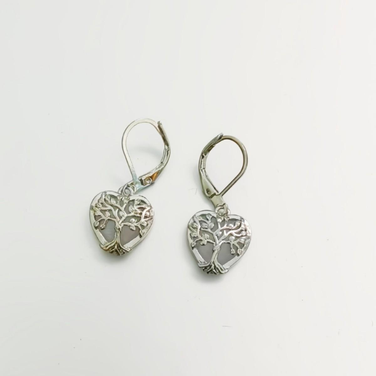 Korean Heart-Shaped Moonstone Tree of Life Dangle Earrings платиновый