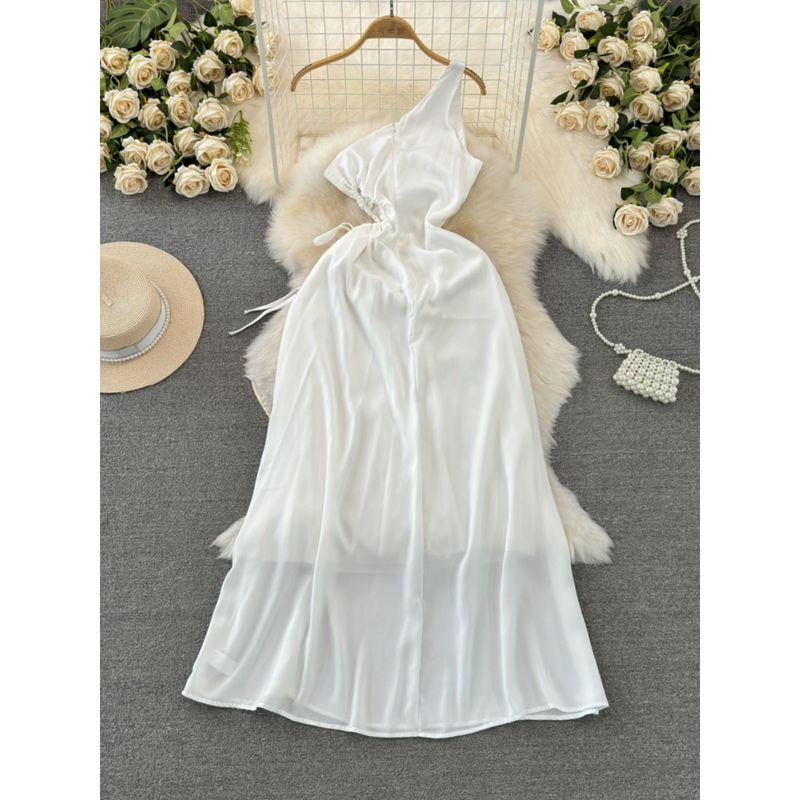 Off-the-Shoulder Photography Beach Dress Fashion Diagonal Collar A- line Travel