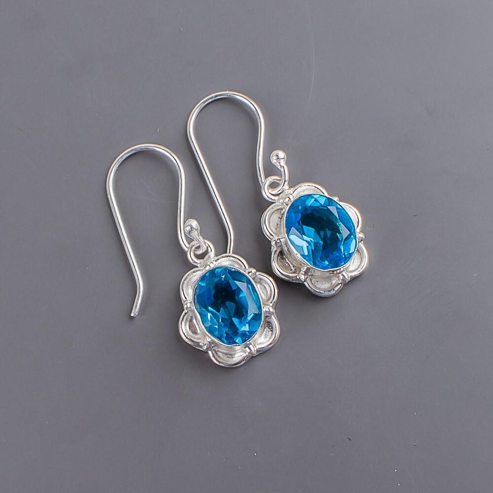 Natural Swiss Blue Topaz Gemstone 925 Sterling Silver Handmade Earrings 1.30" EE-11-1