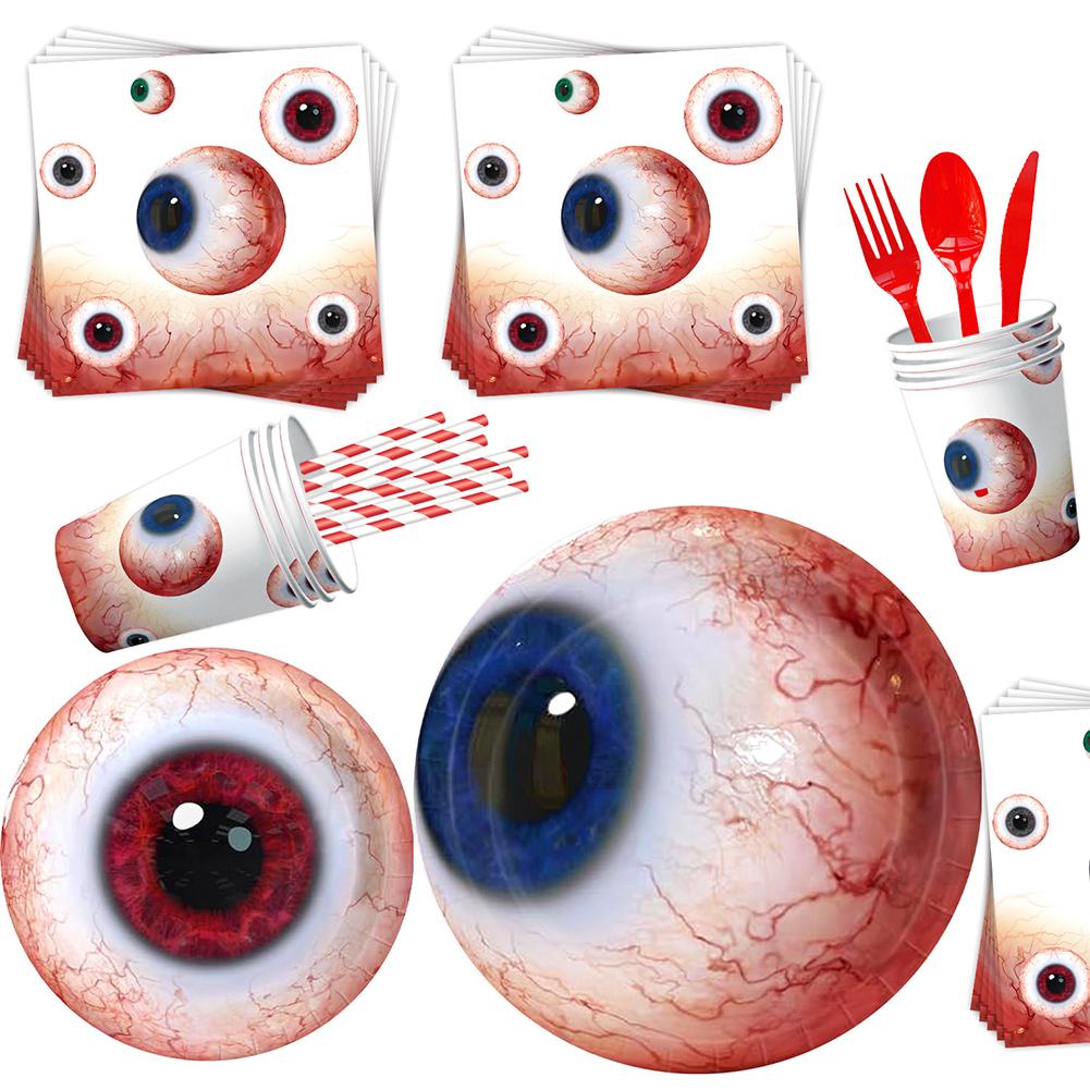 Halloween Eyeball Theme Party Supplies Set Scary Disposable Tableware Kit Plates/Napkins/Banner/Tablecloth Decor All-in-One Pack