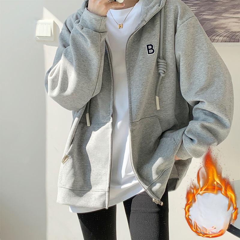 Velvet Loose Hooded Sweatshirt for Women Autumn and Winter 2024 New Burgundy Zipper Cardigan Thickened Jacket for Women Lazy Style