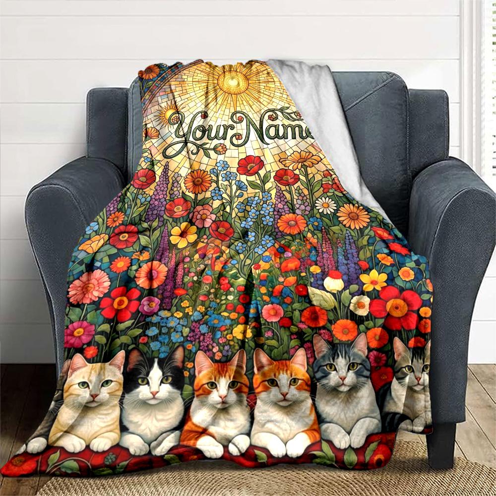 Name Custom Cute Cat Print Flannel Blanket High Quality Warm Comfortable Cover for All Seasons Perfect for Gifts Home Decor