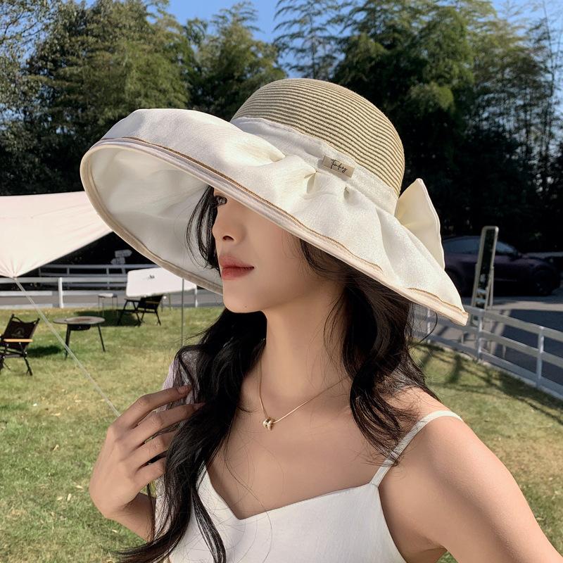New Sun Hat Women's Summer Big Brim Sun Hat Bow Fisherman Hat Sun Protection Breathable Fashion Straw Hat Outdoor