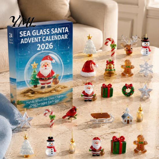 Christmas Party Favors Sea Glass Advent Calendar, 24-Day Acrylic 2D Ornament Set Calendar with Lanyards Santa Gingerbread Man, Tree Hanging