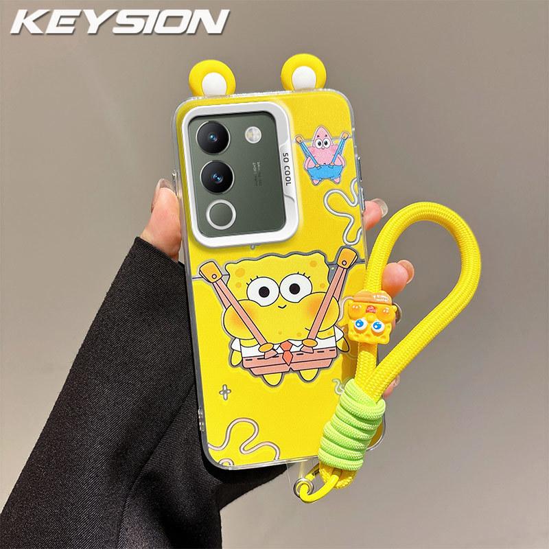 KEYSION Cute Ear Cartoon Case for VIVO V29e 5G with Lanyard Soft Silicone+PC Shockproof Phone Back Cover for VIVO V29e