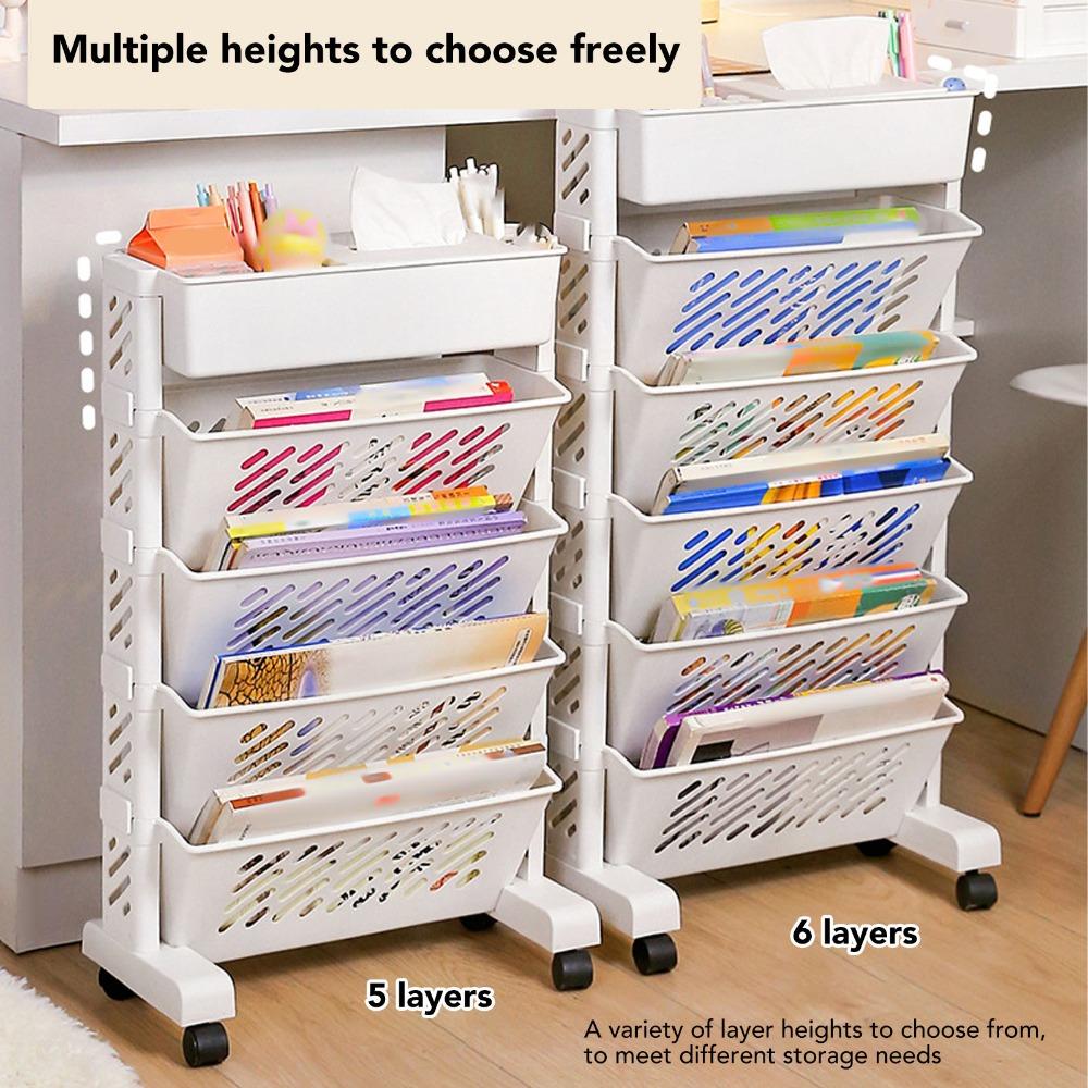 Plastic Mobile Bookcase Removable Storage Cart Durable Rolling Bookshelf Space Saving