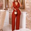 Women's Elegant and Elegant Suit Collar Waist Chain Loose Wide Leg Jumpsuit