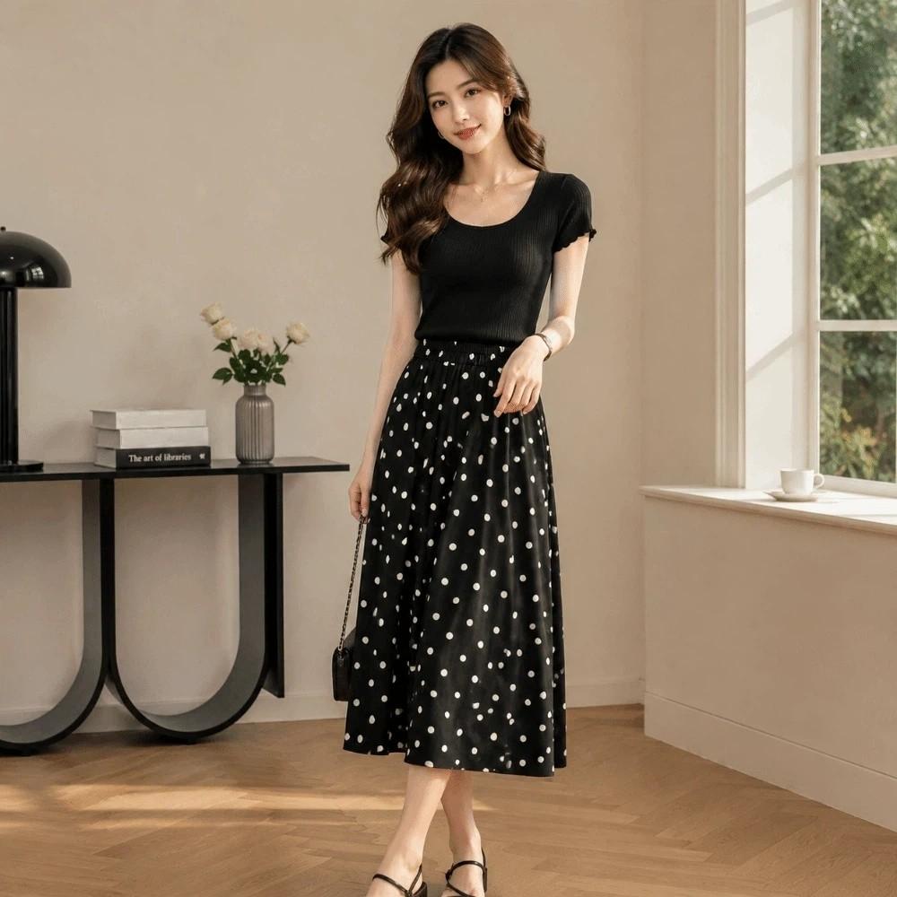 Elastic Waist Polka Dot Skirt Slim Fit Half-length Dress Elegant A-Line Skirt  Vacation