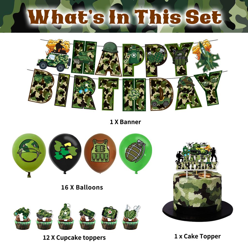 Militär Armee Thema Jungen Geburtstagsparty Dekorationen Camouflage Soldat Flugzeug Panzer Hintergrund Cartoon Luftballon Banner Kinderspielzeug Geschenk