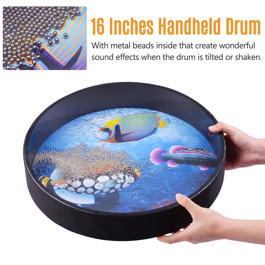 16 Inch Ocean Drum Wooden Handheld Sea Wave Drum Percussion Instrument Gentle Sea Sound Musical Toy Gift for Kids