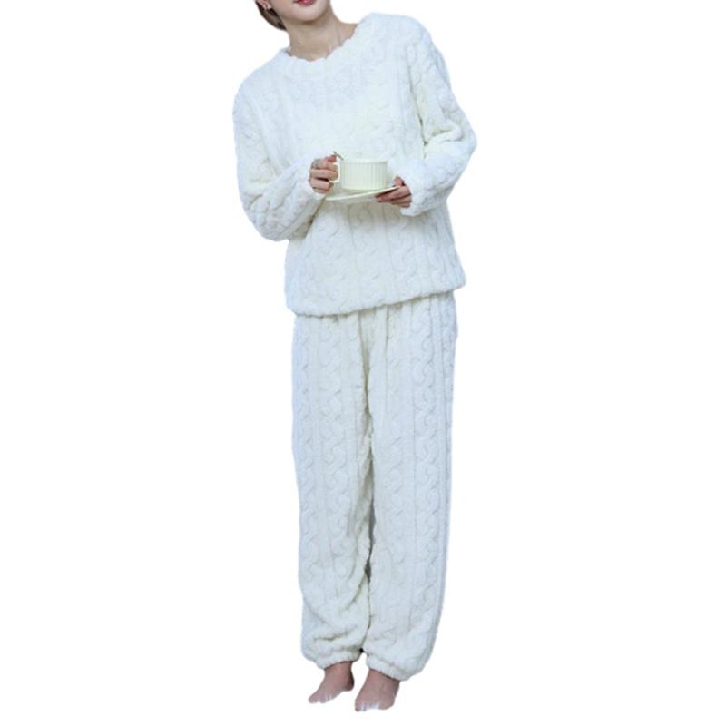 Damen Herbst- und Winter Korallenfleece Freizeit-Pyjama-Set Warmes Langarm-Oberteil und Hose Hauskleidung Zweiteilig