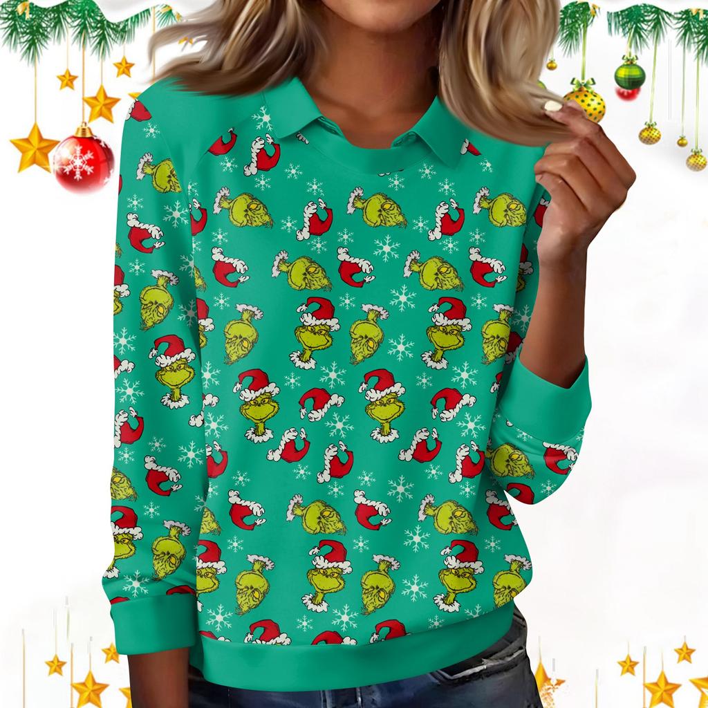 Women's Fashion Christmas Print Lapel Long Sleeve Casual Crewneck T-Shirt Top