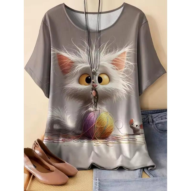 

Женская футболка с кошачьим принтом, повседневная модная футболка с круглым вырезом и коротким рукавом, топы с принтом животных, кошек, пеплум, оверсайз, женская одежда 6XL