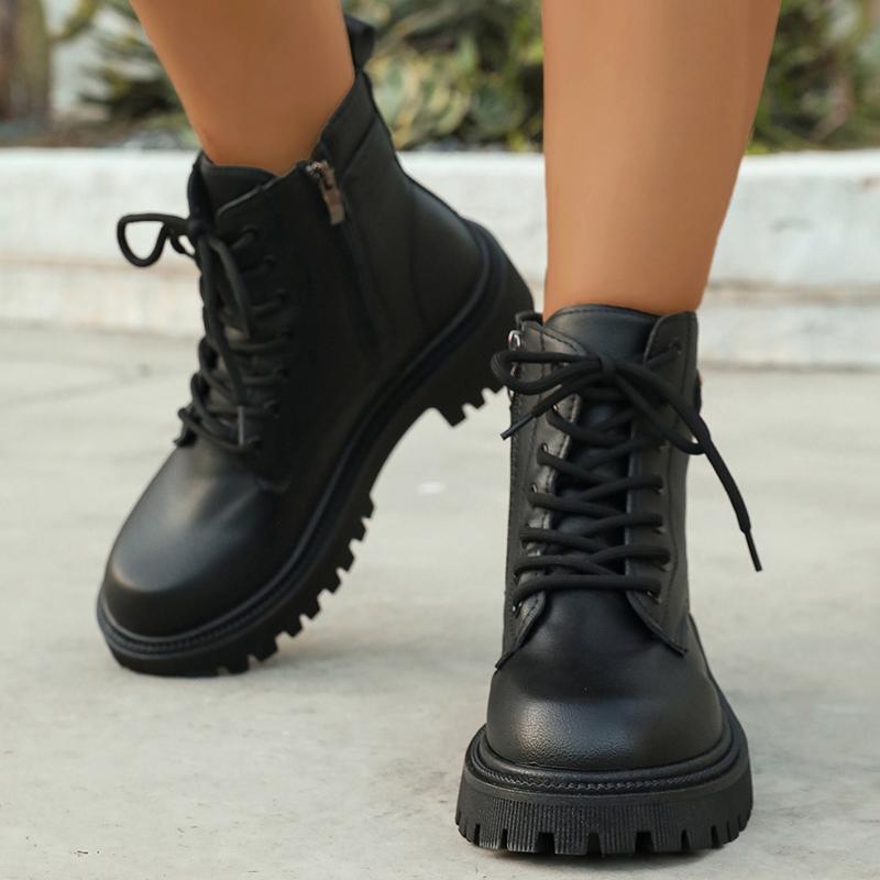 Fashion Black PU Leather Ankle Boots for Women 2025 Autumn Winter Warm Short Plush Booties Woman Fashion Buckle Platform Combat Boots