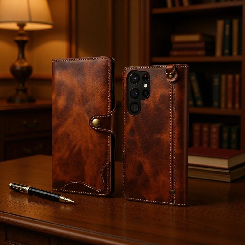 Denior Foreign Trade Explosion S26Ultra Oil Wax Cowhide Mobile Phone Leather Case S24 Leather Case S25 Wallet Protective Case