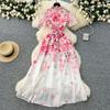 New holiday style dress women's French pearl breasted waist and thin temperament printed chiffon dress