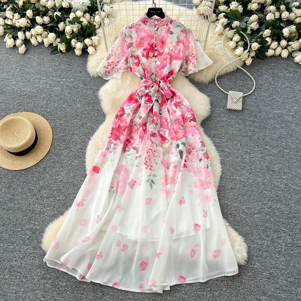New holiday style dress women's French pearl breasted waist and thin temperament printed chiffon dress