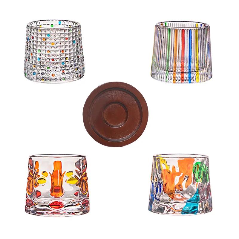 Hand-painted Rotating Glass with Coasters Color Water Cup Decompression Gyro Glass Tumbler Whiskey Glass