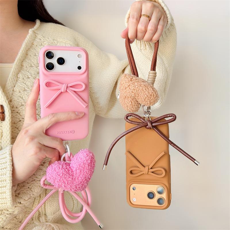 Silicone Stereo Bow With Love Lanyard Mobile Phone Case for Iphone 17/16/15 Pro Max Anti-Fall Protective Cover for Apple14 13 12