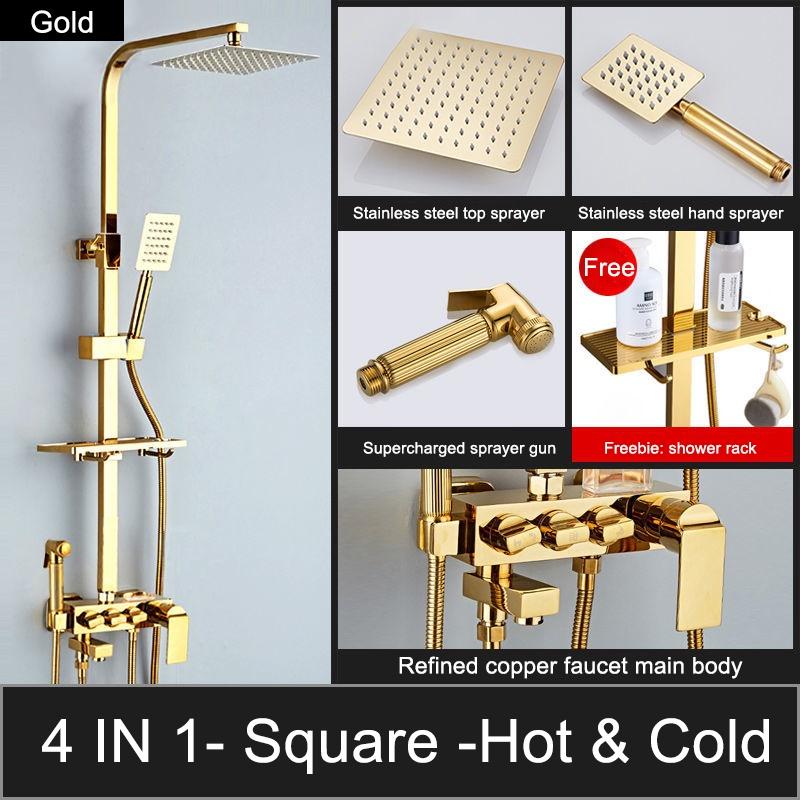 Set de duș 4 în 1 pentru duș auriu de lux cu pulverizator Robinet de apă pentru baie Baterie rece și caldă Duș din oțel inoxidabil