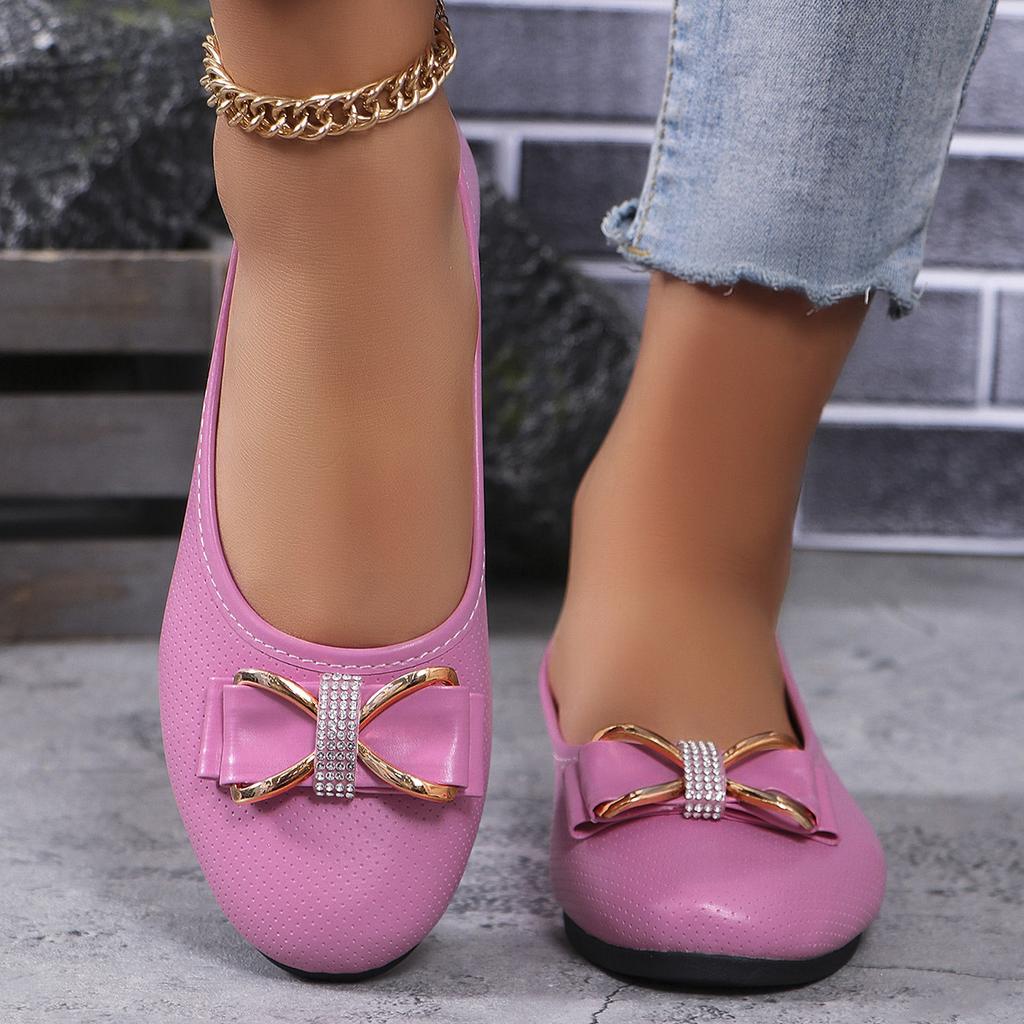 Fashion New Large-sized Flat Single Women's Shoes with Bow Wedge Heels and Low Heels, Round-toed Women's Work Shoes and Leather Shoes