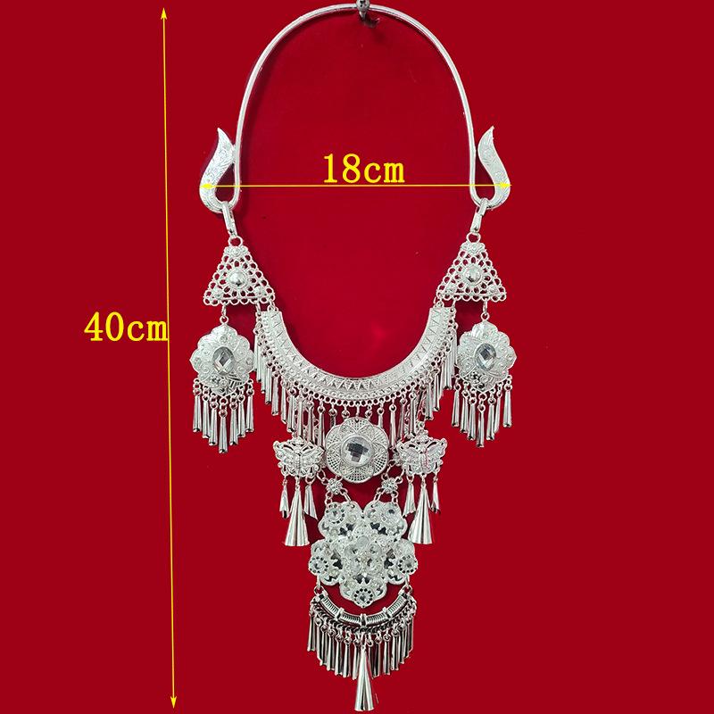 Miao Silver-Plated Gem Rhinestone Tassel Necklace for Hanfu Dance