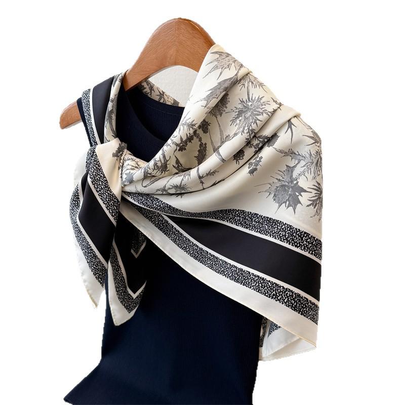 Fashion Imitation Silk Large Square Scarf Retro Flower Printing Professional Versatile Shawl Diagonal Silk Pattern Scarf Headscarf Women