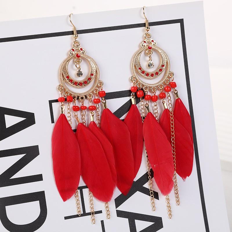 Vintage Bohemian Feather Tassel Earrings Exaggerated Ethnic Vacation Dangle Ear Jewelry Fashion Accessories For Women