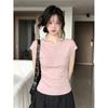 Spice Girl Style One-word Neck Short Sleeve T-Shirt Women's Summer Design Sense Slim Skinny Pleated Waist Pink Versatile Top