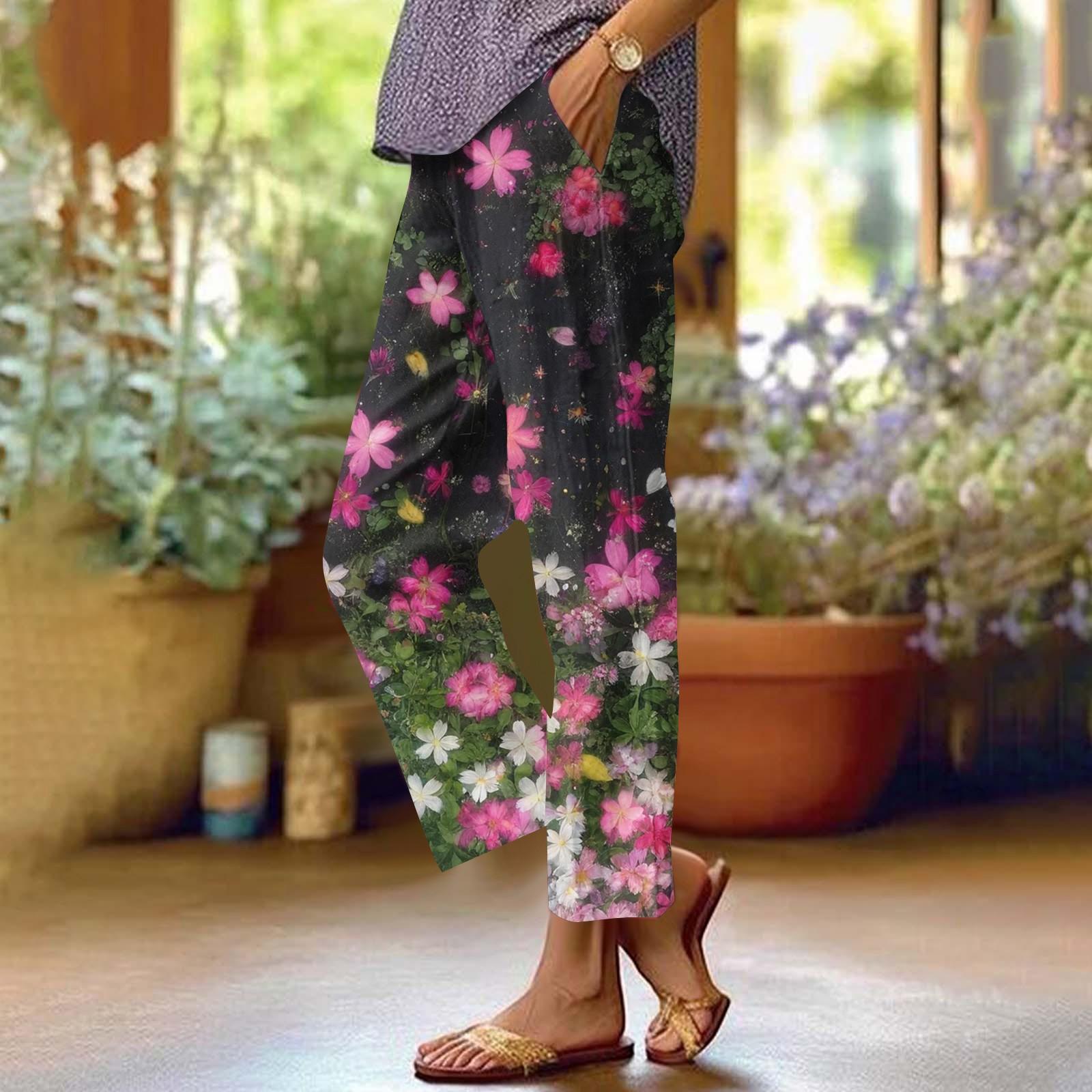 

Women s Casual Fashion Floral Printed Straight Leg Pants Pants With Pockets S