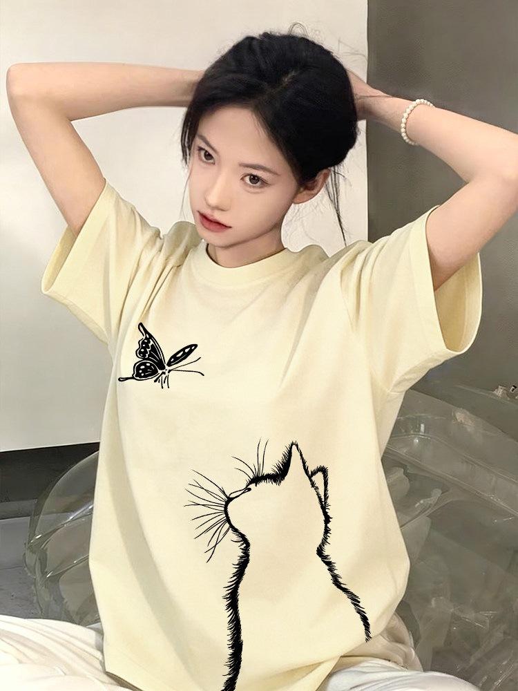 Pure cotton black short-sleeved women's t-shirt new popular summer unique design niche top loose t-shirt