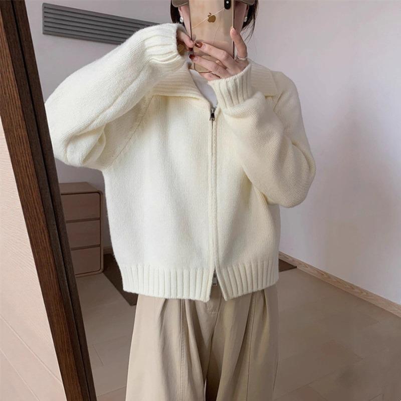 High-end Fashion Lapel Double Zipper Sweater Women's Autumn and Winter New Lazy Style Casual Knitted Cardigan Jacket