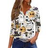 Lady's fashionable casual V-neck buttoned Halloween print three-quarter sleeve