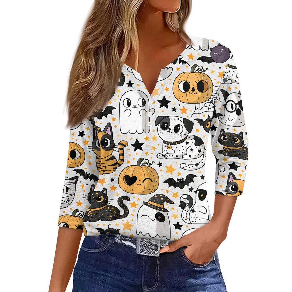 Lady's fashionable casual V-neck buttoned Halloween print three-quarter sleeve