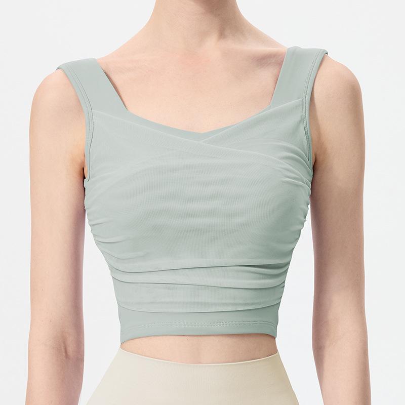 

Женский спортивный топ-майка с сеткой высокой поддержки и интегрированными чашками - Весенне-летний топ для йоги и бега Large