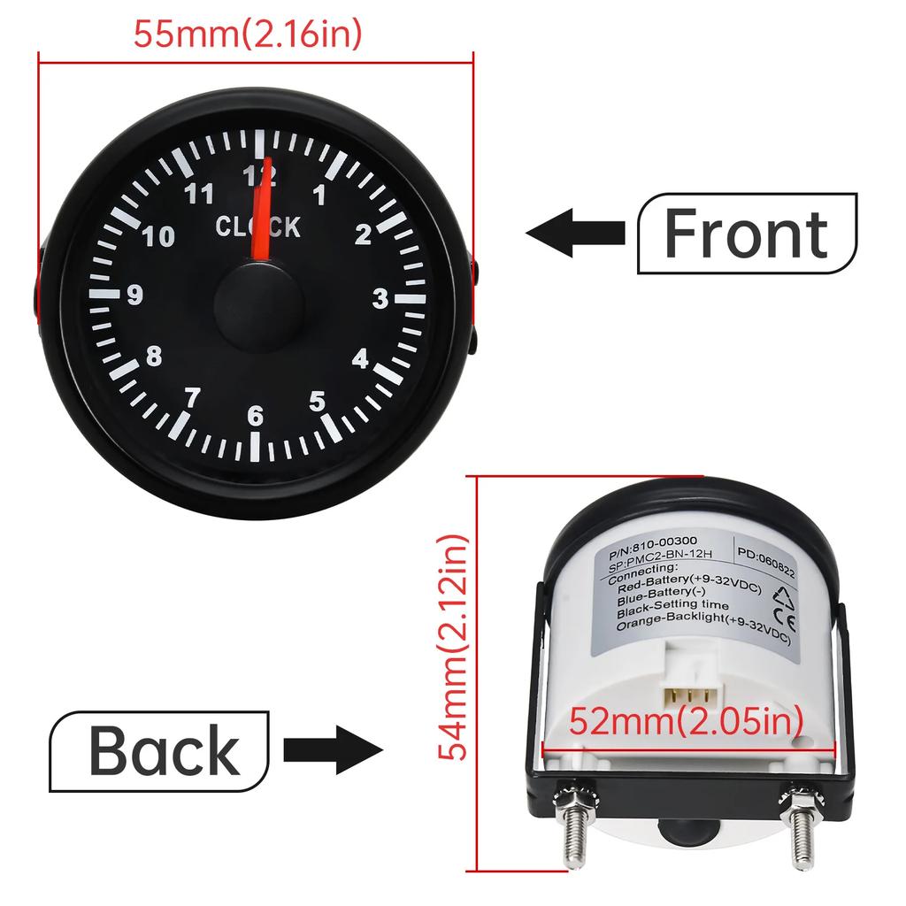 52mm 12 Hours Clock Gauge Red Backlight 0-12 Hours Hourmeter Hour Meters for Car Boat Clock Meters 9-32V Automobile Instrument