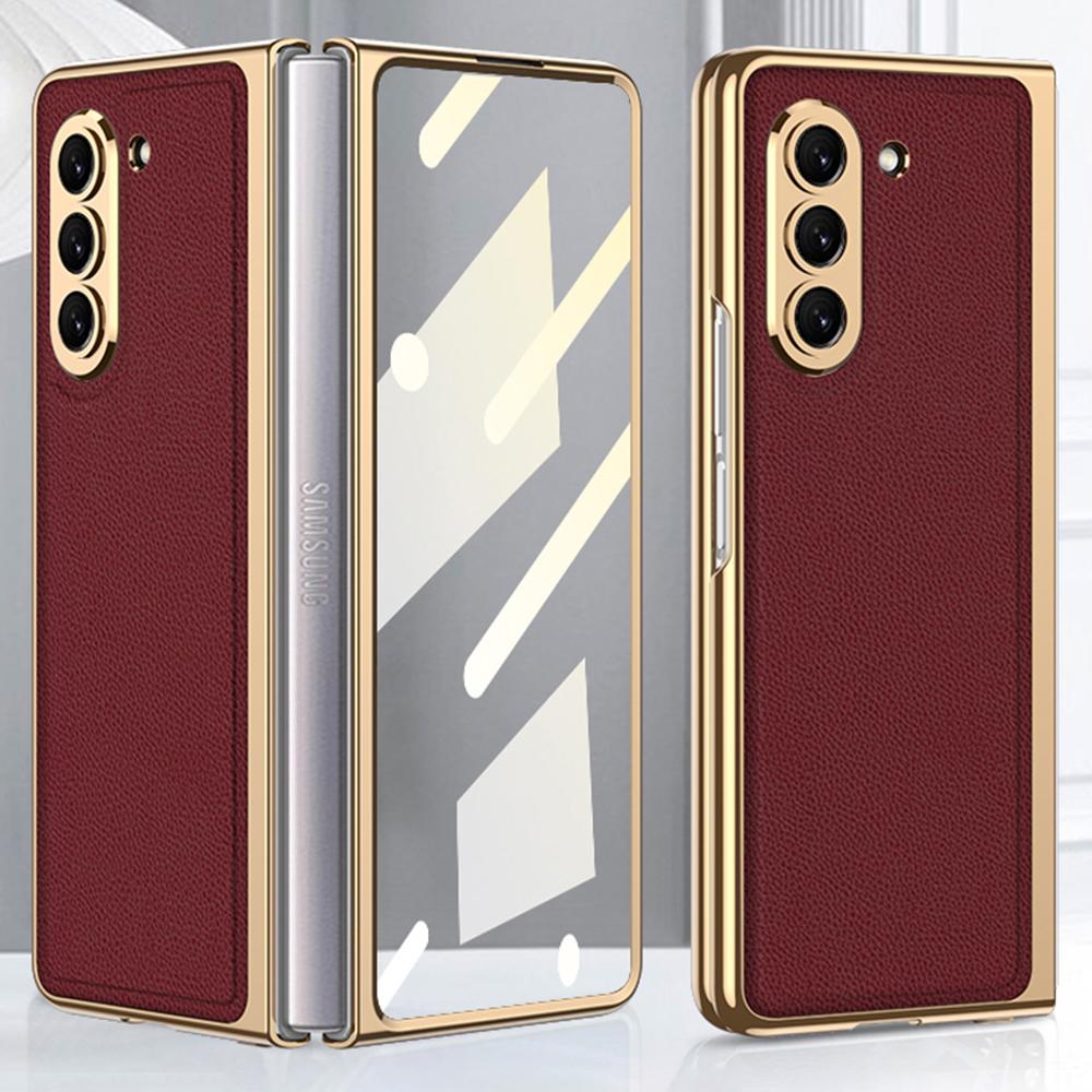 

GKK Для Samsung Galaxy Z Fold5 5G Чехол для телефона из ПУ кожи+ПК Гальваническое покрытие с пленкой из закаленного стекла Wine Red