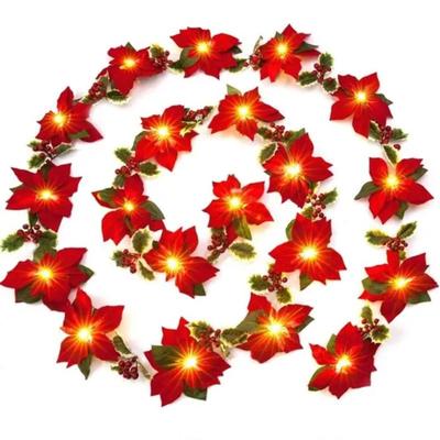 1PC 10/20 Lights Christmas Flowers Decorations Garland String Lights -  Artificial Ornaments Indoor/Outdoor Party Decor with Red Berries Holly Leaves