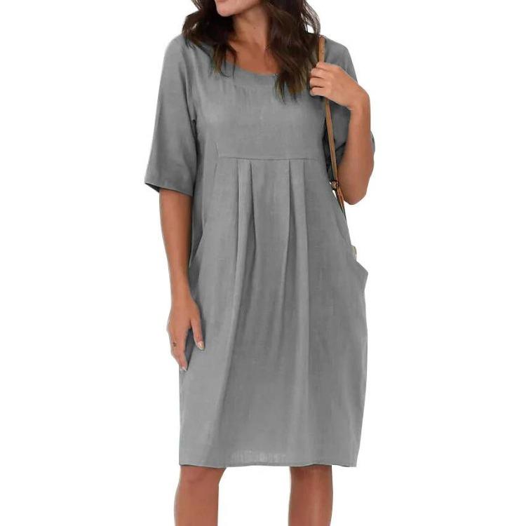 Women Loose Casual Cotton Linen Pleated Pocket Dress Short Sleeve Round Neck