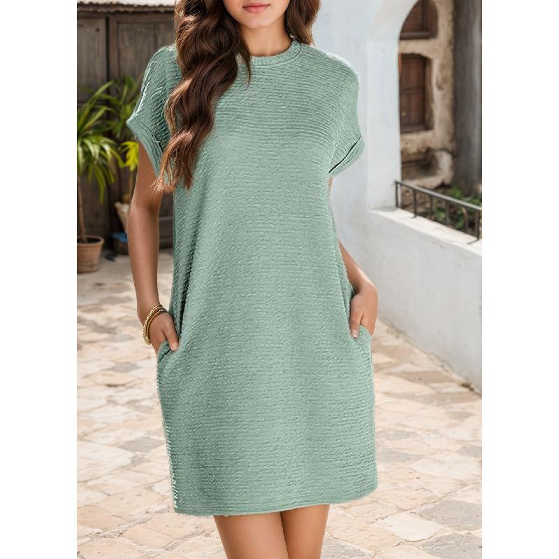 Women'S Fashionable Solid Color Short Sleeved Round Neck Casual Sports Short Dress With Pockets