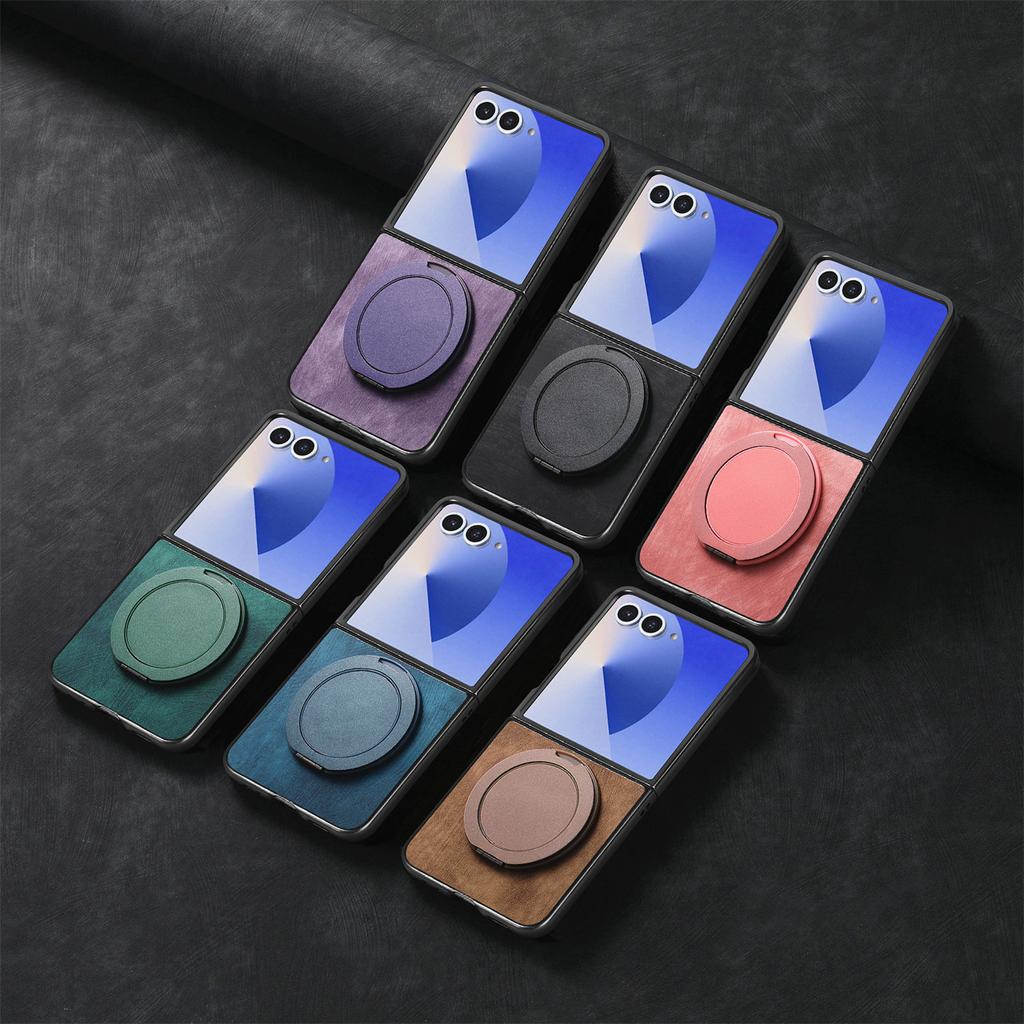 360 Rotating bracket Leather Kickstand Case For Samsung Galaxy Z Flip 7 6 5 4 5G Magnetic Suction Flip7 Flip6 Flip5 Retro Cover
