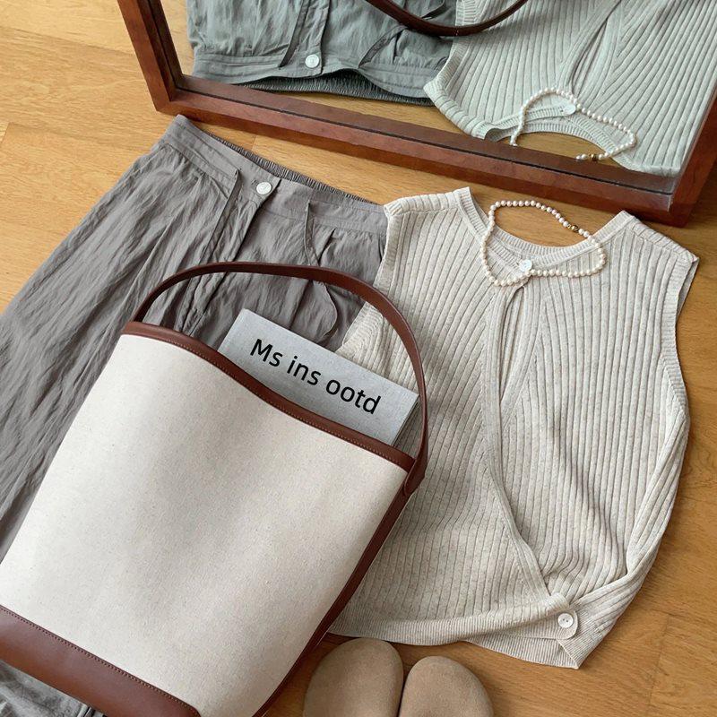 Women's French Sleeveless Knit Camisole - Open-Back Linen Tank Top for Summer