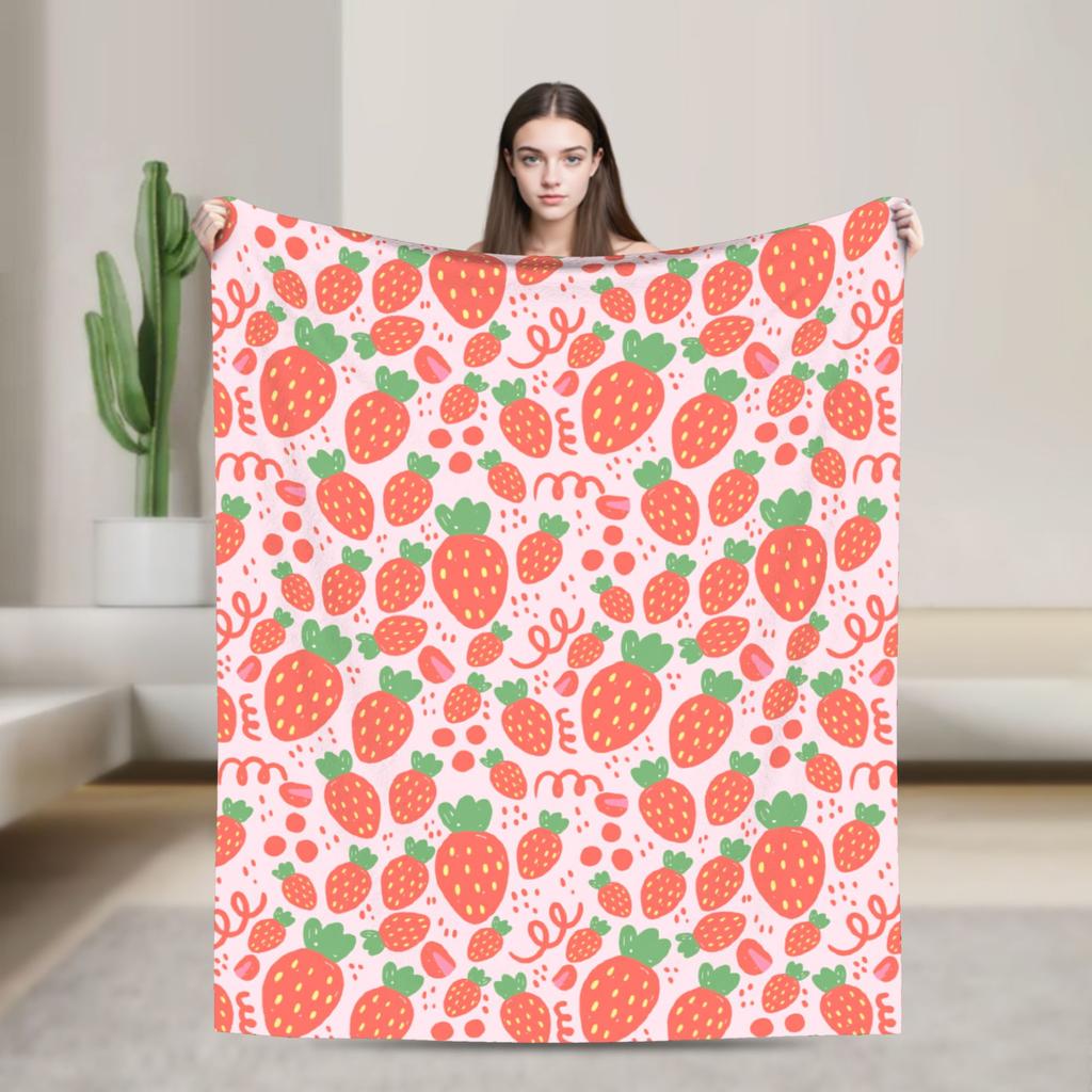 Pink Strawberry Print Flannel Blanket  Warm Soft Throw Blanket for Bedroom Camping Street Trend Bedspread Sofa Bed Cover
