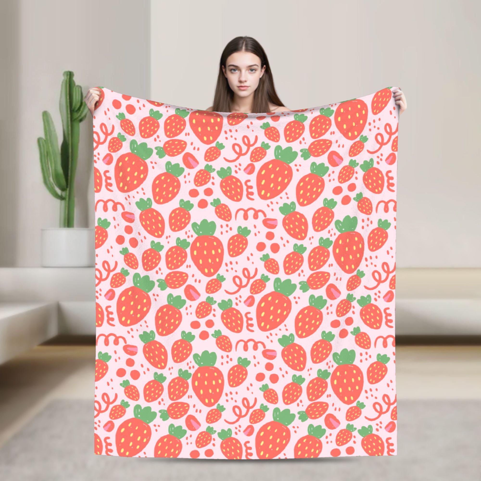 

Pink Strawberry Print Flannel Blankets Warm Soft Bedding Throws for Outdoor Picnic Novelty Bedspread Sofa Bed Cover 75x90cm