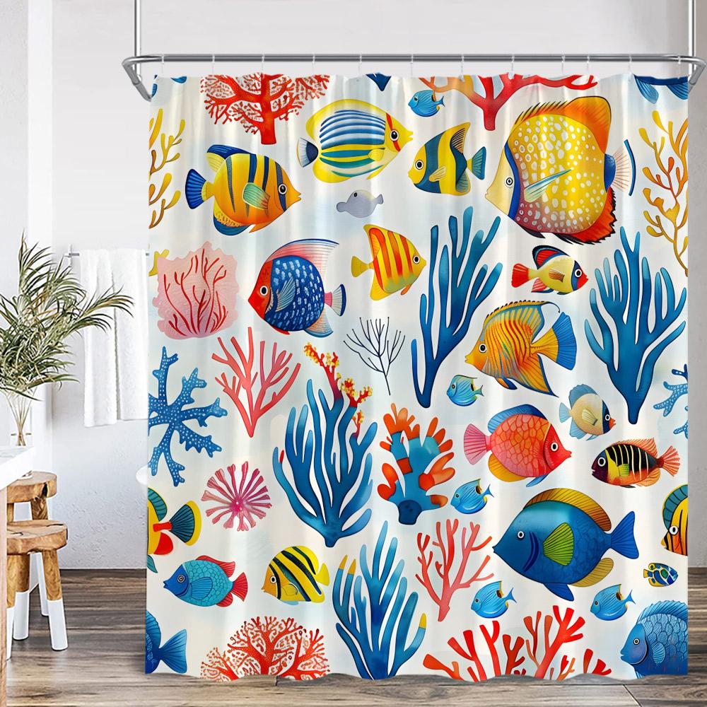 Cartoon Ocean Animals Kids Shower Curtains Tropical Fishes Coral Starfish Shell Bathroom Decorations Funny Children Bath Curtain