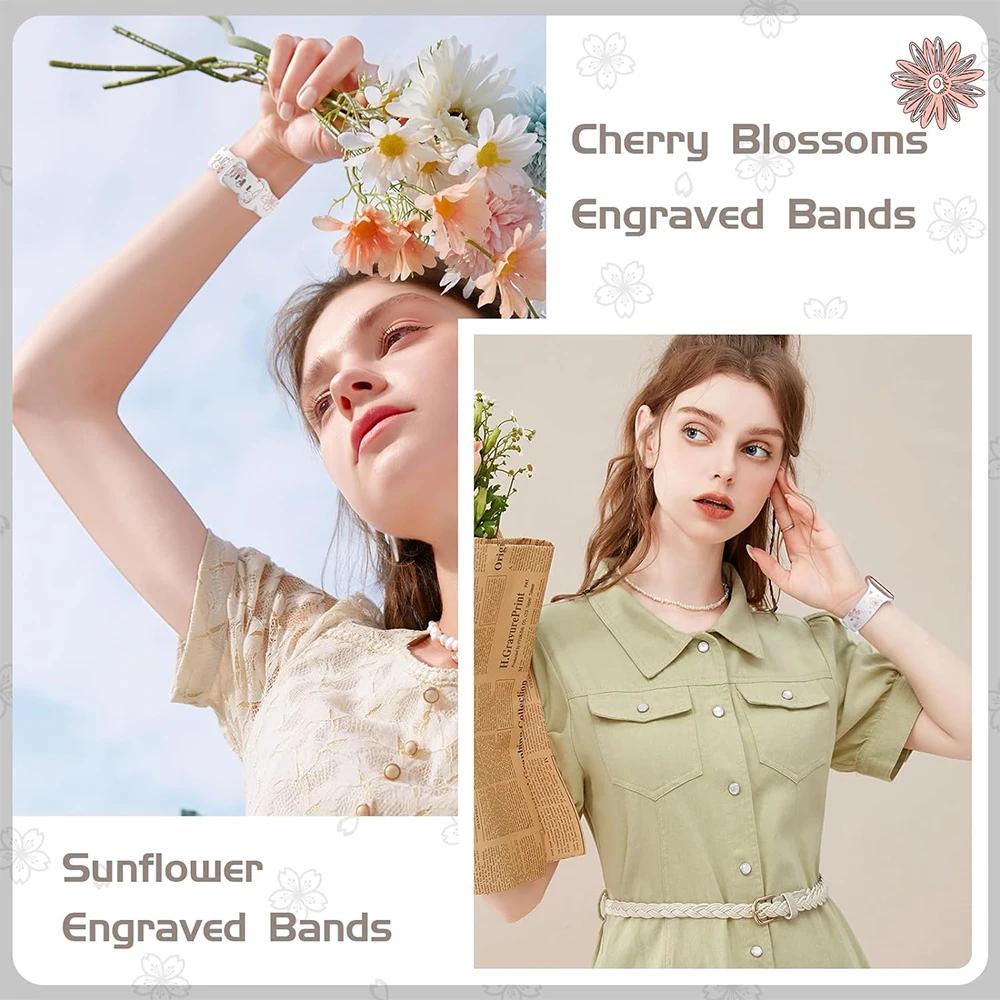 Silicone Band for Apple Watch Series 10 46mm Ultra 2 49mm Two-Tone Engraved Floral Strap for iWatch 6 5 4 Se 9 8 7 41mm 45mm 40mm 42mm 44mm 38mm