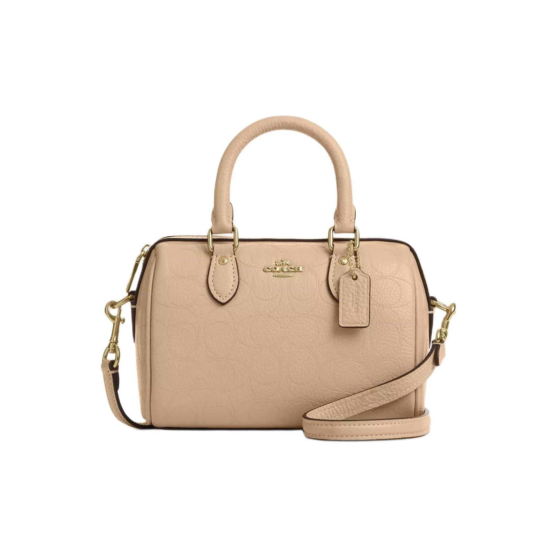 Coach Rowan Metallic Logo Brand Print Pebble Leather Bowling Bag Women handbag Beige CCF28-IMOAT Basic Set (Bag+Dust Bag)